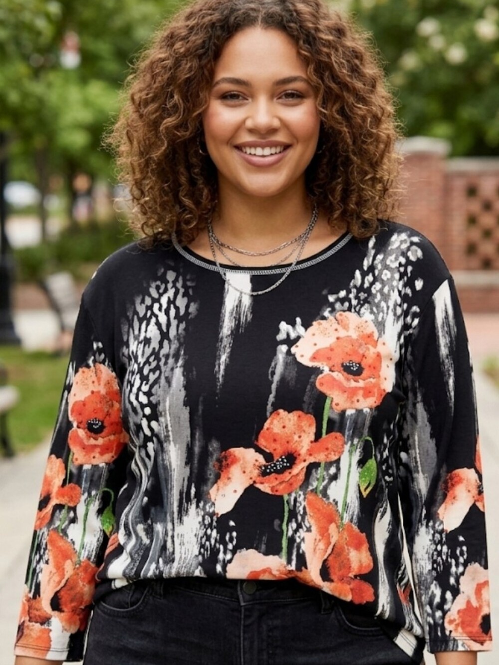 Jess & Jane Rising Flowers Black And Orange Pullover Embellished Size 2XL Artsy